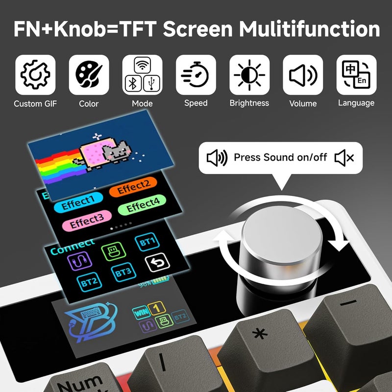 Boyi TD31Pro Mechanical Number Pad,Bluetooth5.0/2.4G/Type-C Wireless Numeric Keypad,RGB HotSwap Numpad with Screen&Knob,PBT Keycaps Rechargeable Gasket Number keypad for Working/Gaming(White-Grey) - Image 3